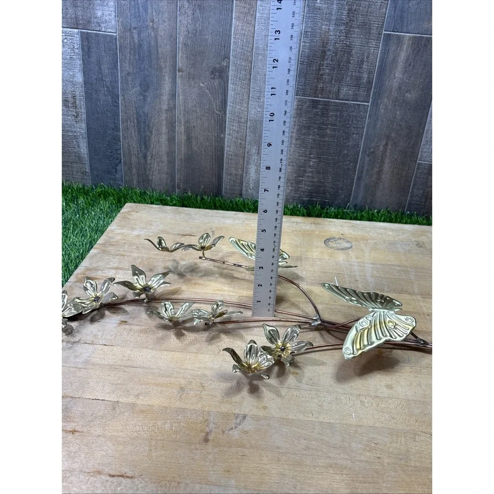 Retro MCM Metal Brass Butterfly Flower Leaves Wall Hanging Art Decor Set Of 2